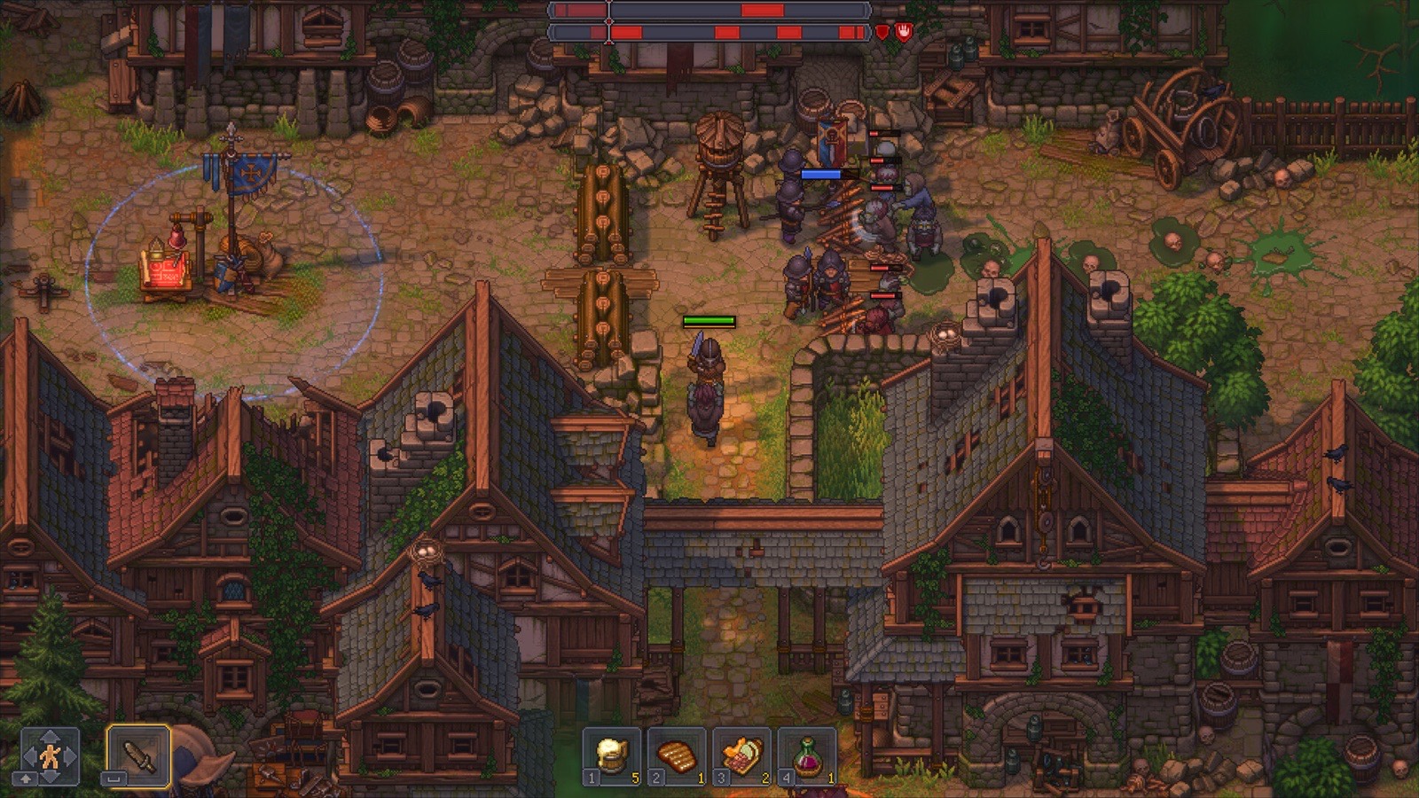 Street battle for a district of The Town, zombies under a raised banner